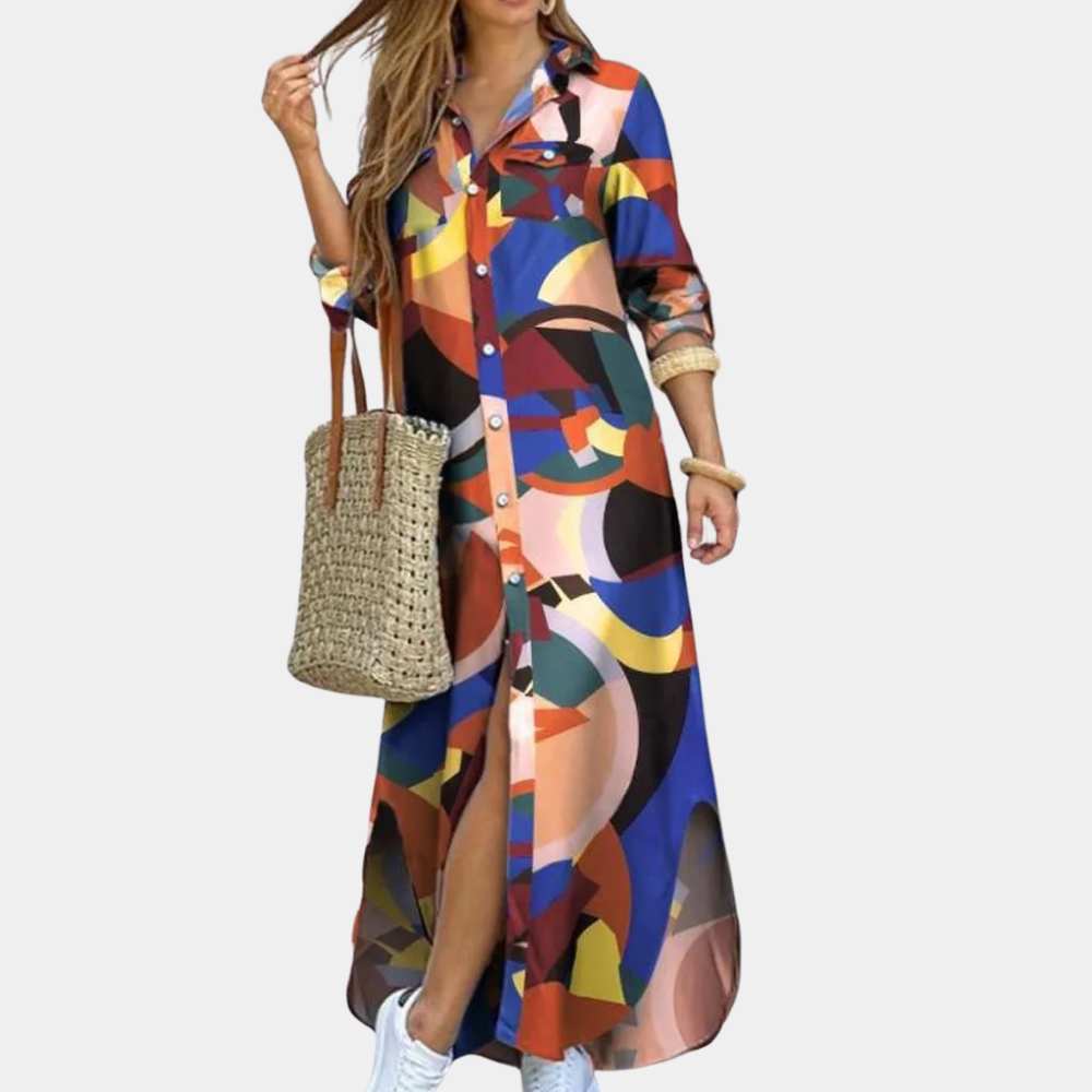 Women's Shirt Dress - Long Maxi Model - Button Closure - Printed Design - Long Sleeves