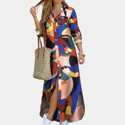 Women's Shirt Dress - Long Maxi Model - Button Closure - Printed Design - Long Sleeves