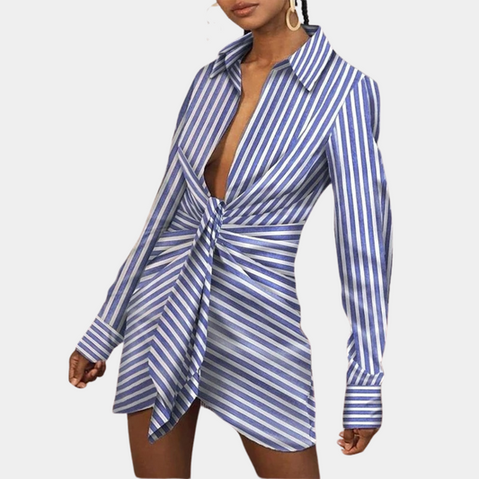 Women's Shirt Dress - Asymmetric Design - V-Neck - Button Cuffs - Elegant Fit