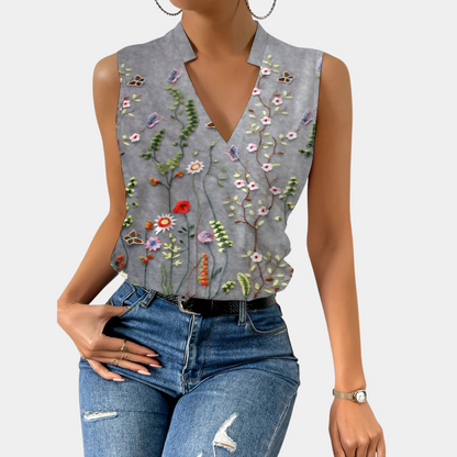 Women's Blouse - Sleeveless V-neck - Light and Breathable - Floral Design