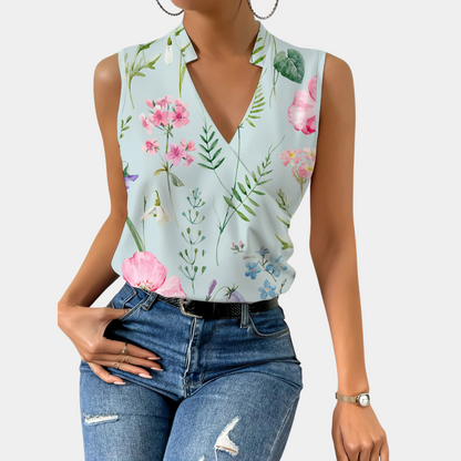 Women's Blouse - Sleeveless V-neck - Light and Breathable - Floral Design