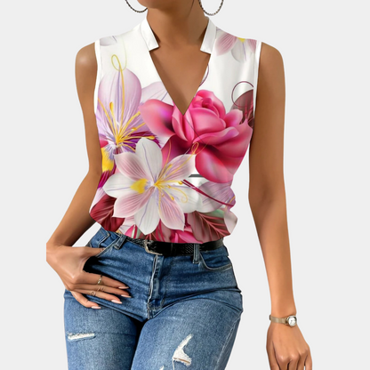 Women's Blouse - Sleeveless V-neck - Light and Breathable - Floral Design