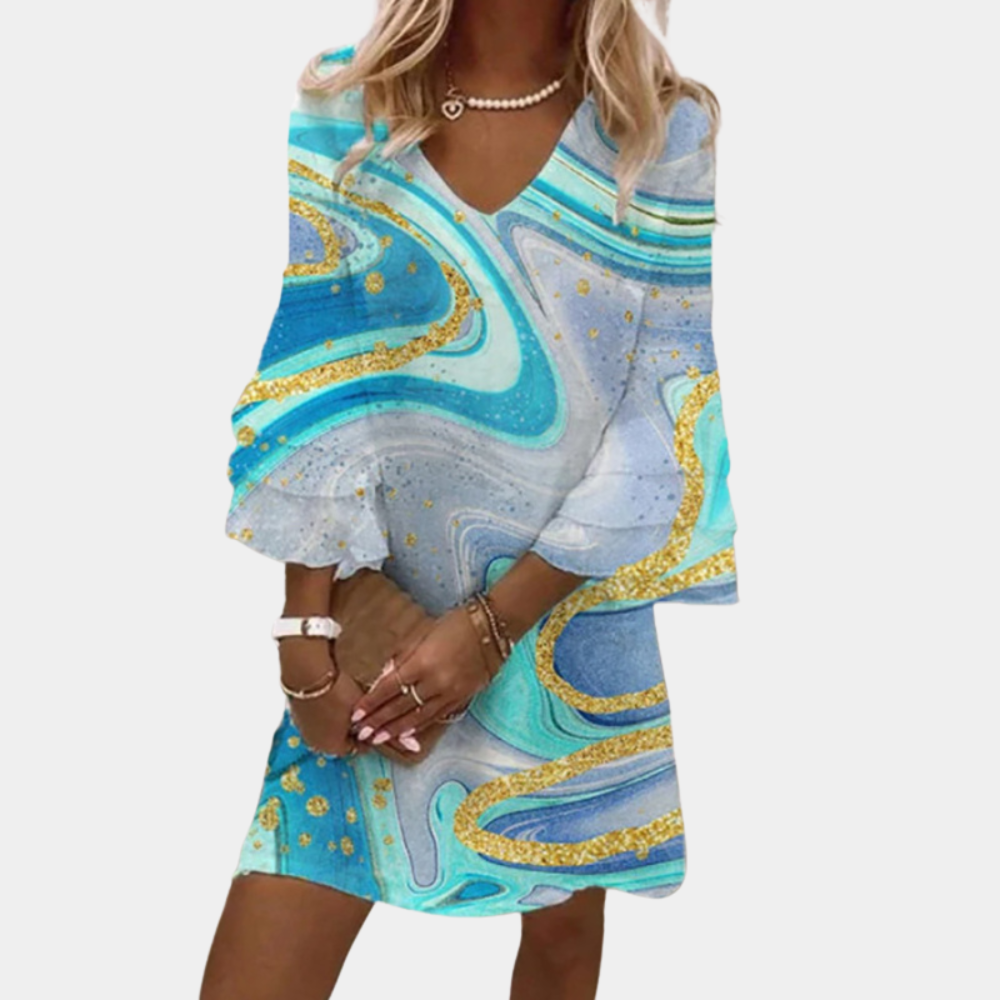 Women's Dress - V-Neck - Loose Fit - Short Sleeves - Artistic Pattern - Mini Length