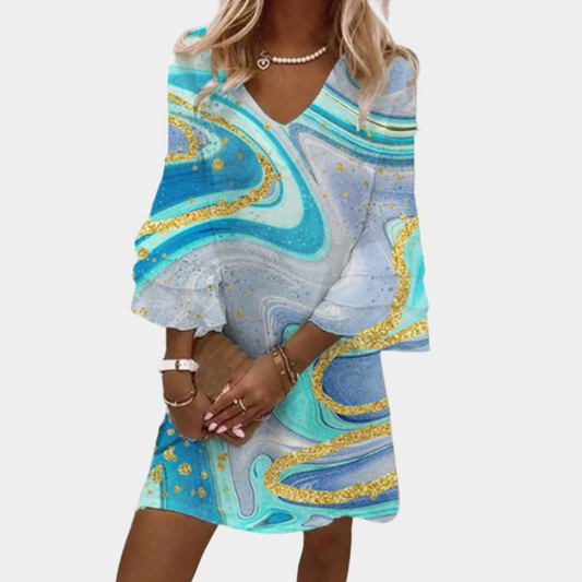 Women's Dress - V-Neck - Loose Fit - Short Sleeves - Artistic Pattern - Mini Length