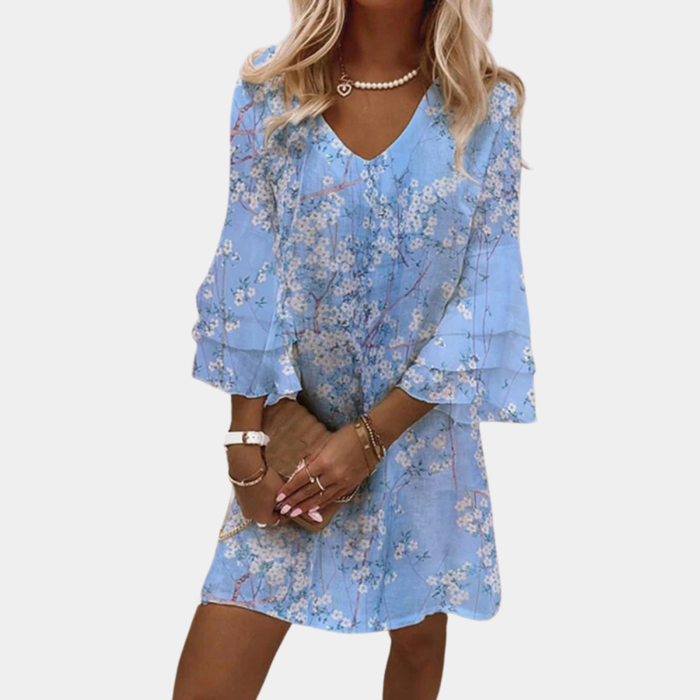 Women's Dress - V-Neck - Loose Fit - Short Sleeves - Artistic Pattern - Mini Length
