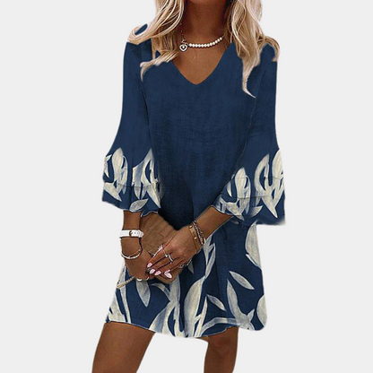 Women's Dress - V-Neck - Loose Fit - Short Sleeves - Artistic Pattern - Mini Length