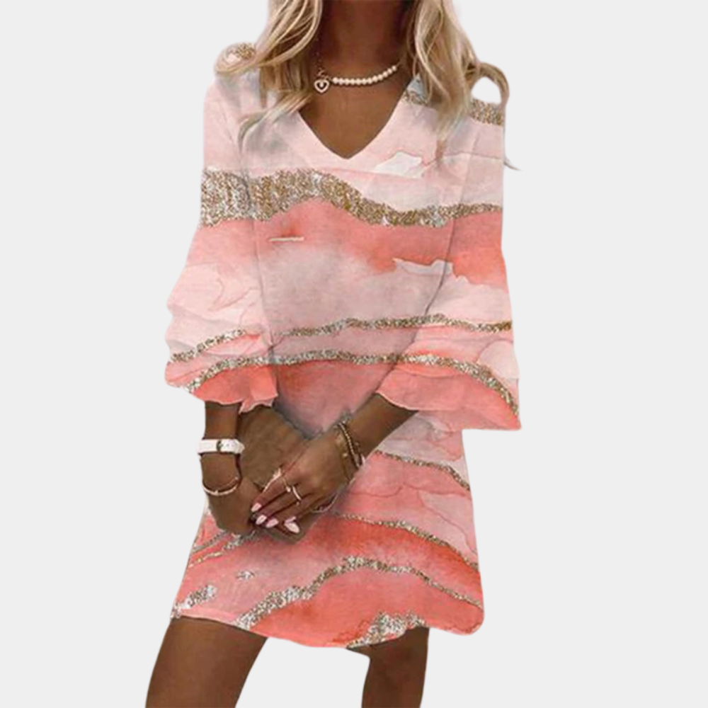 Women's Dress - V-Neck - Loose Fit - Short Sleeves - Artistic Pattern - Mini Length