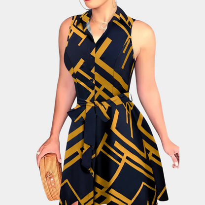 Women's Shirt Dress - Sleeveless A-line - Button Closure - Waist Belt - Elegant Look