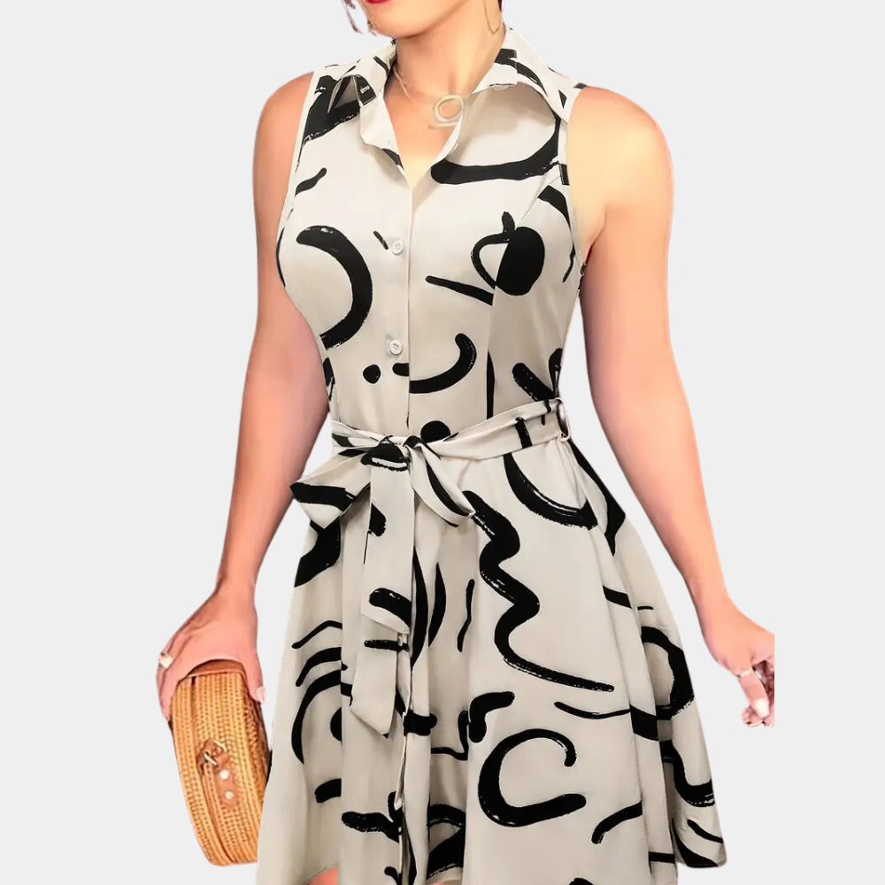 Women's Shirt Dress - Sleeveless A-line - Button Closure - Waist Belt - Elegant Look