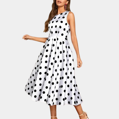Women's Dress - Sleeveless A-line - Midi Length - Polka Dot Pattern - Elegant and Timeless