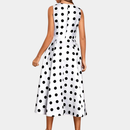 Women's Dress - Sleeveless A-line - Midi Length - Polka Dot Pattern - Elegant and Timeless