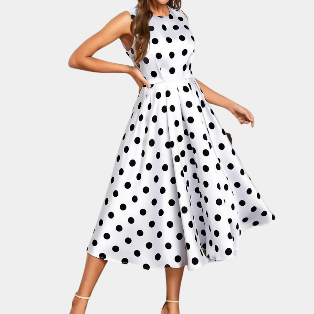 Women's Dress - Sleeveless A-line - Midi Length - Polka Dot Pattern - Elegant and Timeless