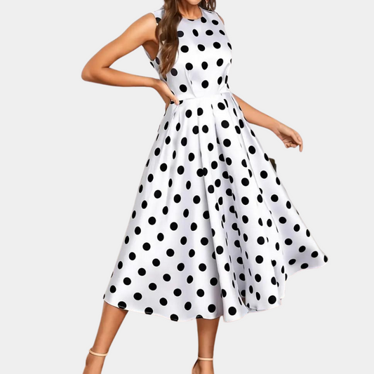 Women's Dress - Sleeveless A-line - Midi Length - Polka Dot Pattern - Elegant and Timeless