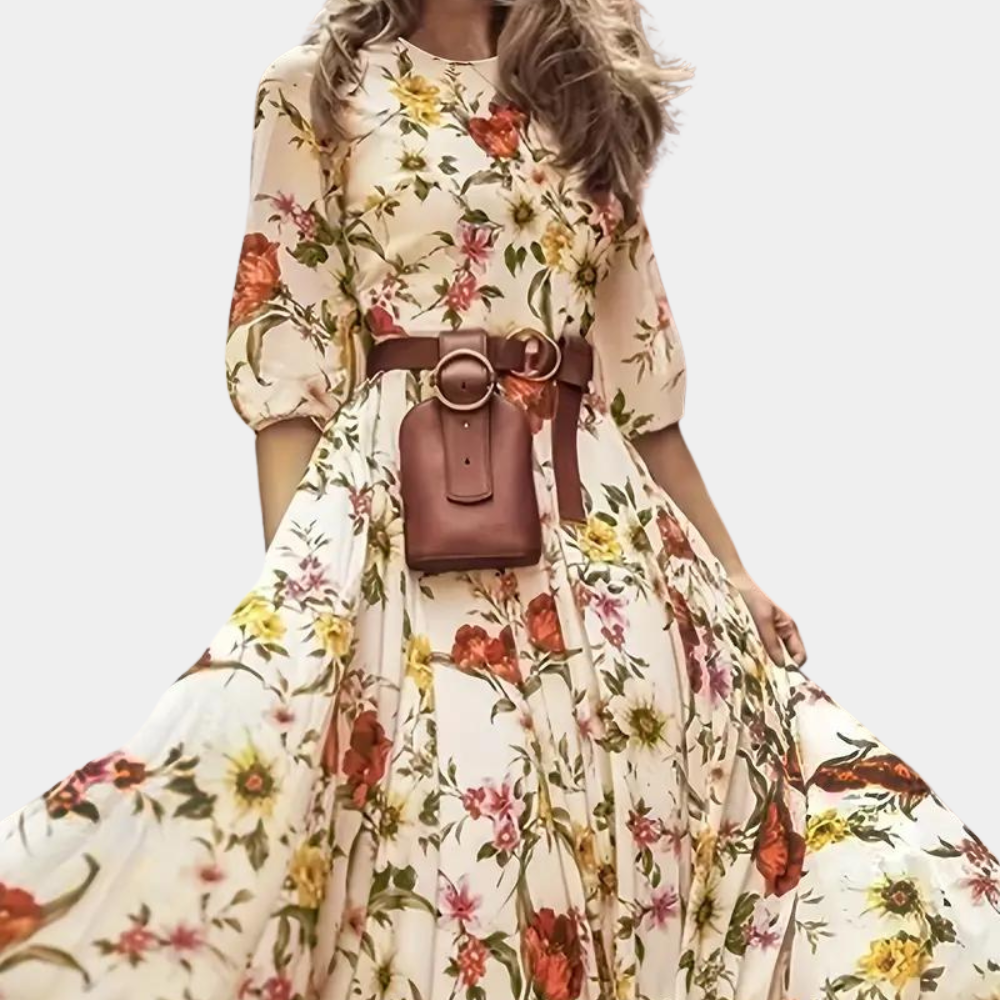 Women's Maxi Dress - Floral Print - A-line - Puff Sleeves - Round Neck - Elegant and Airy