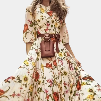 Women's Maxi Dress - Floral Print - A-line - Puff Sleeves - Round Neck - Elegant and Airy