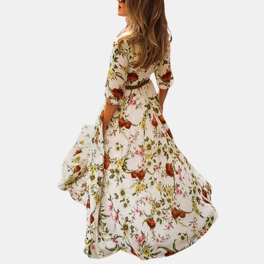 Women's Maxi Dress - Floral Print - A-line - Puff Sleeves - Round Neck - Elegant and Airy