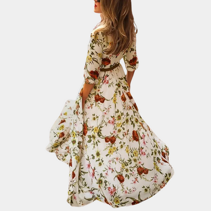 Women's Maxi Dress - Floral Print - A-line - Puff Sleeves - Round Neck - Elegant and Airy