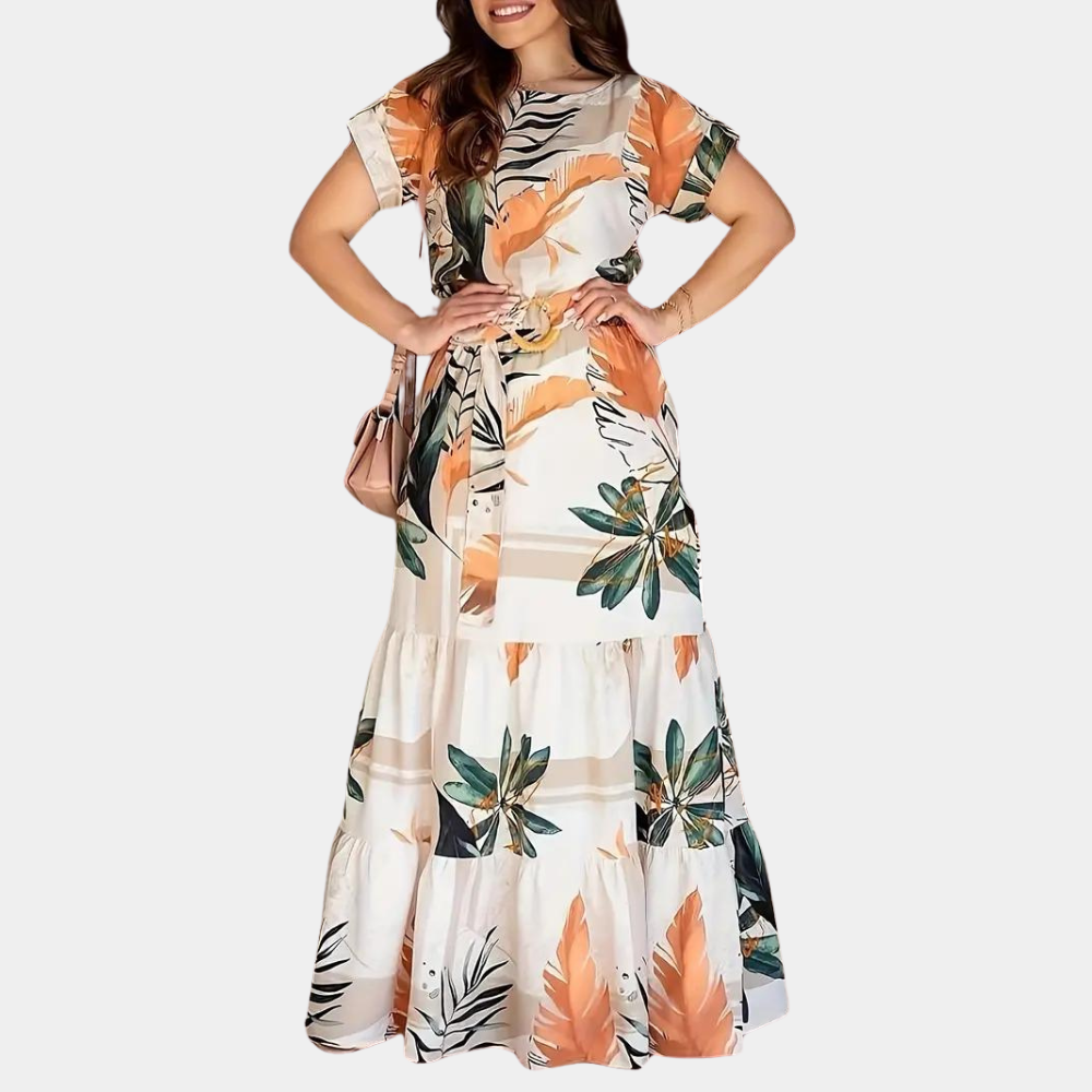 Women's Maxi Dress - Floral Print - Belted Waist - Short Sleeves - Light and Airy