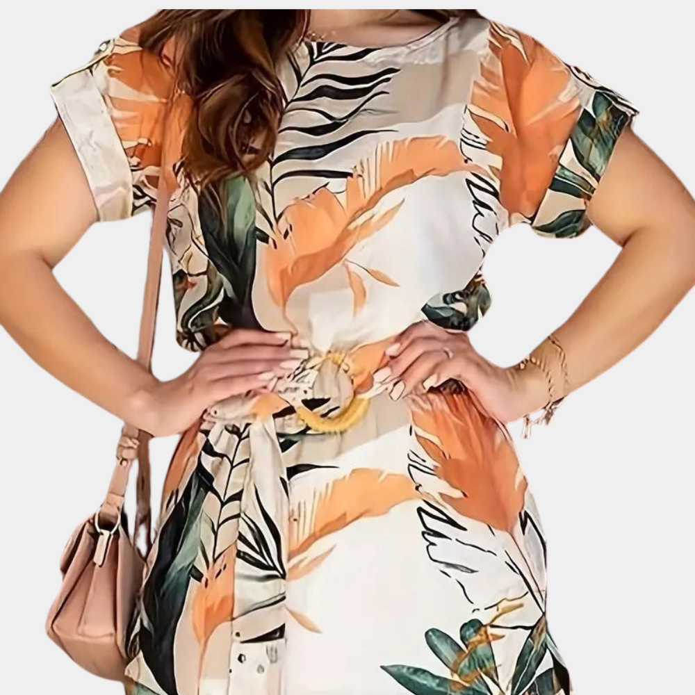 Women's Maxi Dress - Floral Print - Belted Waist - Short Sleeves - Light and Airy