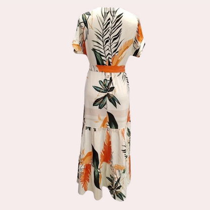 Women's Maxi Dress - Floral Print - Belted Waist - Short Sleeves - Light and Airy