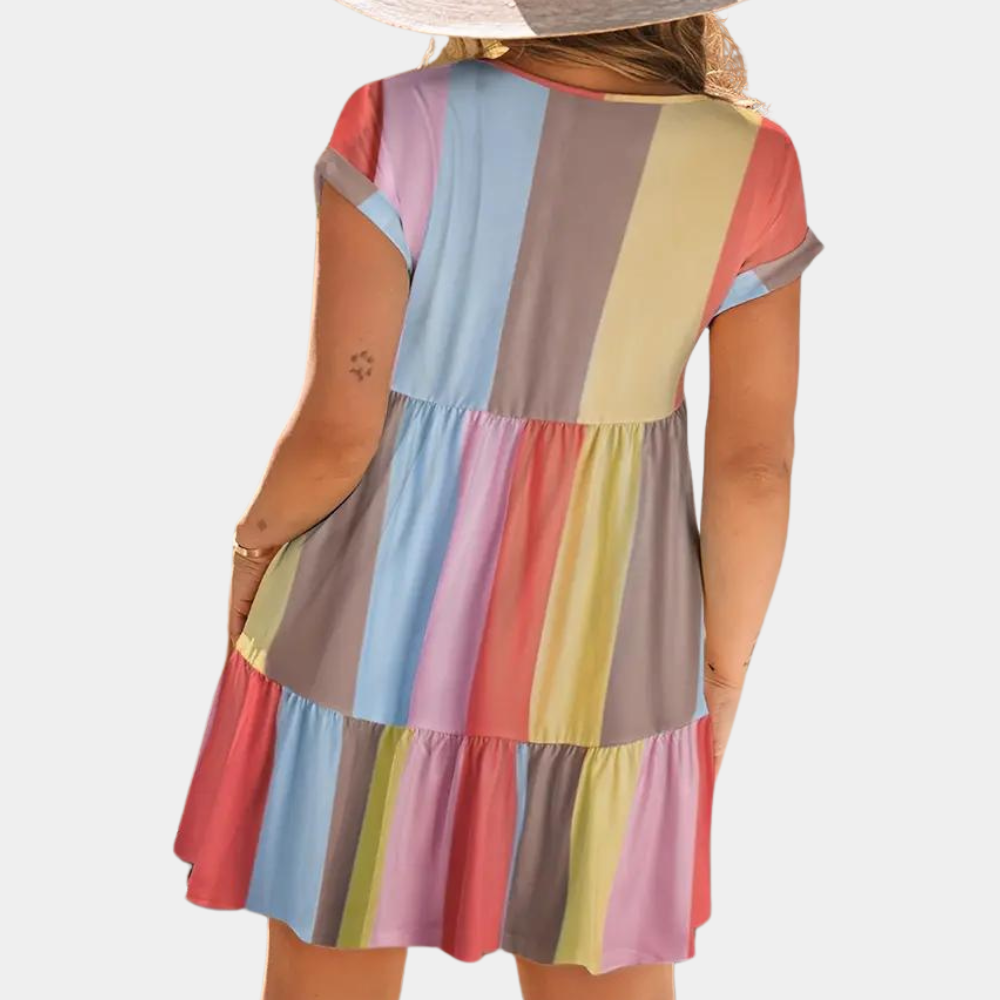 Women's Dress - A-line Fit - V-neck - Short Rolled Sleeves - Light and Breathable