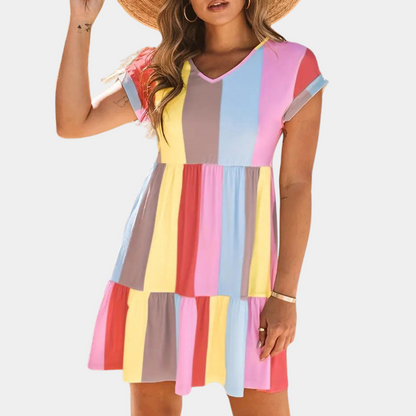 Women's Dress - A-line Fit - V-neck - Short Rolled Sleeves - Light and Breathable
