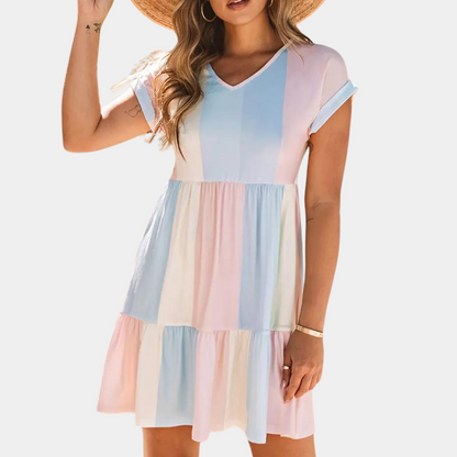 Women's Dress - A-line Fit - V-neck - Short Rolled Sleeves - Light and Breathable