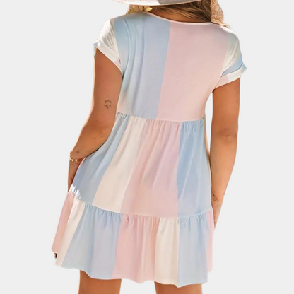 Women's Dress - A-line Fit - V-neck - Short Rolled Sleeves - Light and Breathable