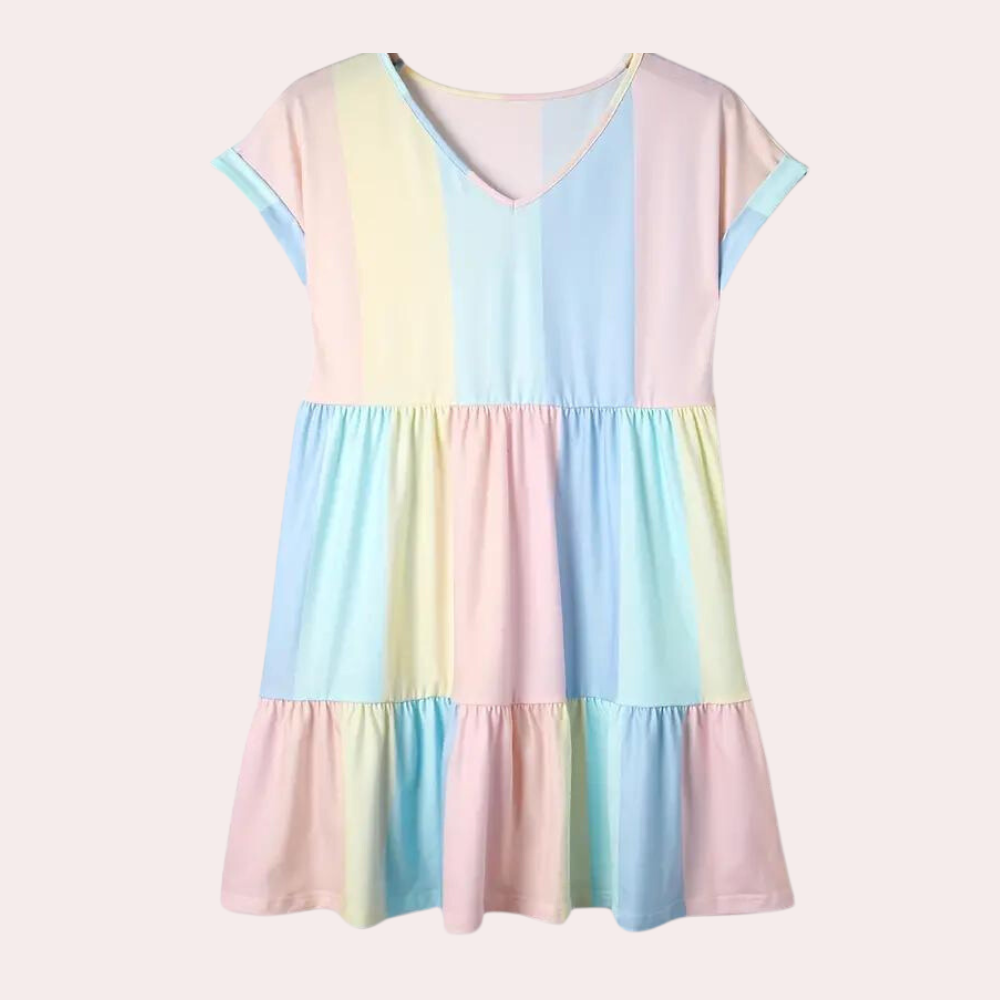 Women's Dress - A-line Fit - V-neck - Short Rolled Sleeves - Light and Breathable