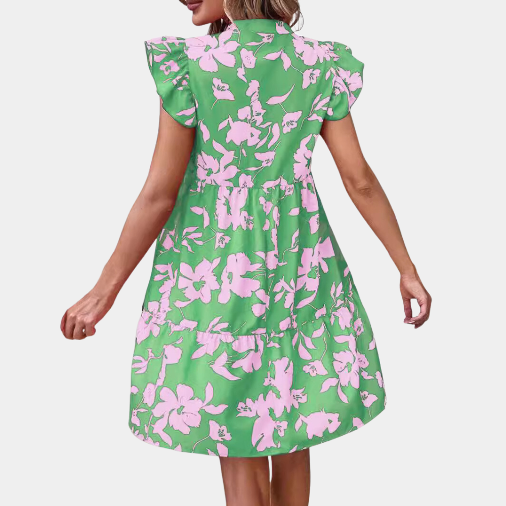 Women's Dress - A-Line Fit - V-Neck - Short Sleeves with Ruffle Details - Floral Print