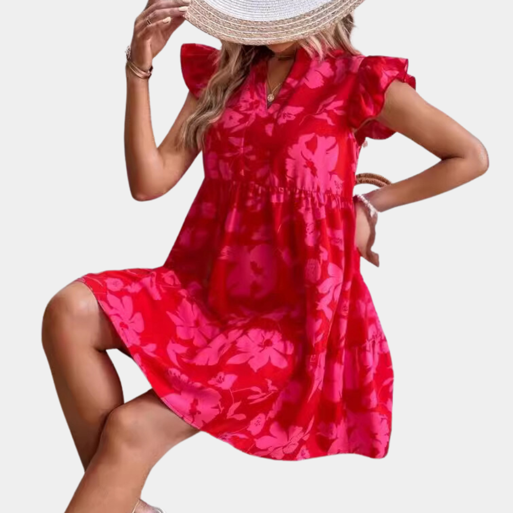 Women's Dress - A-Line Fit - V-Neck - Short Sleeves with Ruffle Details - Floral Print