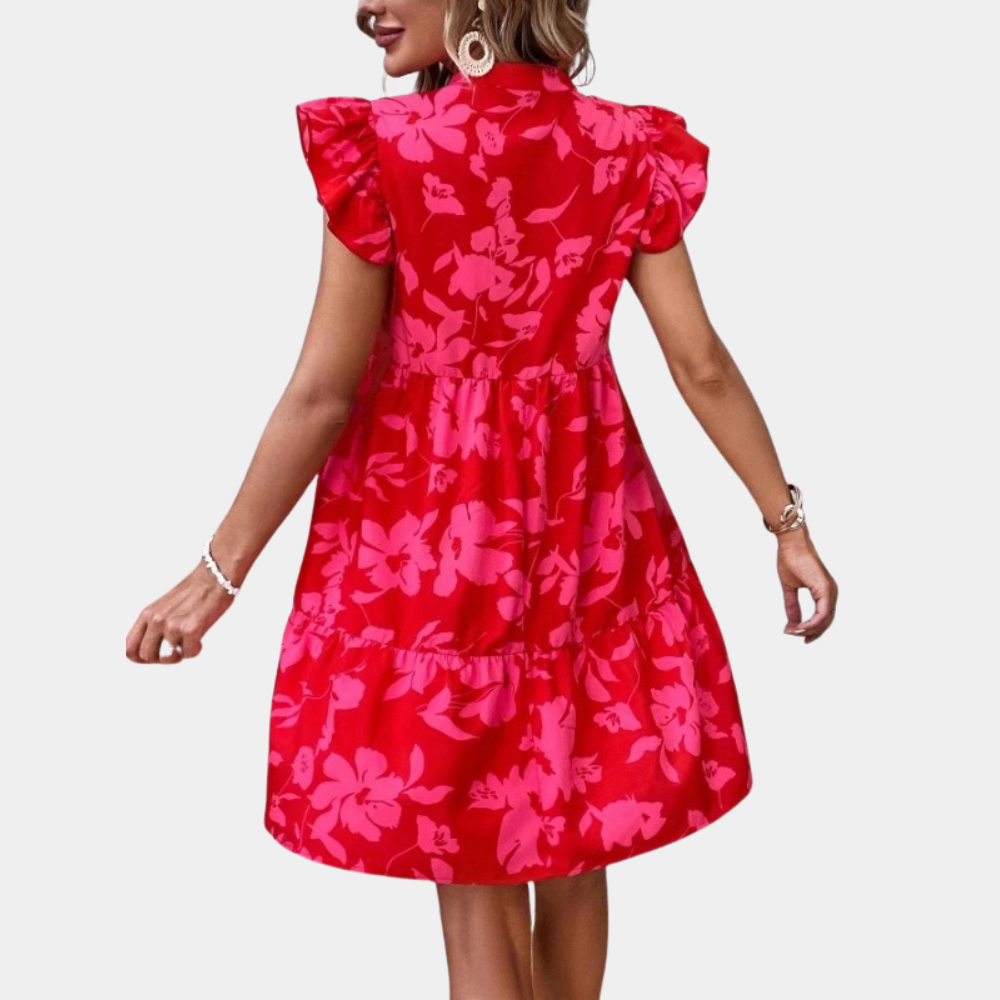 Women's Dress - A-Line Fit - V-Neck - Short Sleeves with Ruffle Details - Floral Print