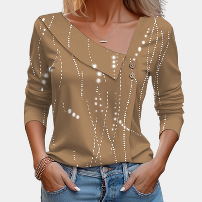 Women's Blouse - Asymmetric Neckline - 3/4 Sleeves - Elegant Floral Design