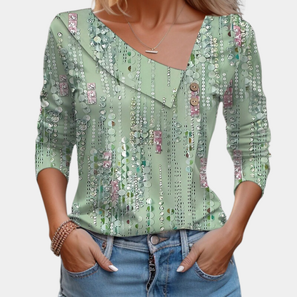 Women's Blouse - Asymmetric Neckline - 3/4 Sleeves - Elegant Floral Design