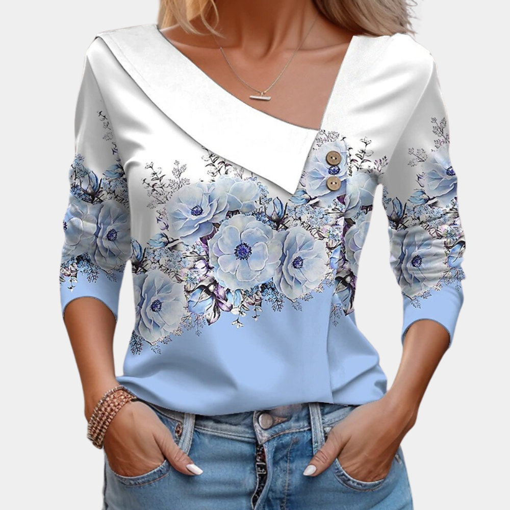 Women's Blouse - Asymmetric Neckline - 3/4 Sleeves - Elegant Floral Design