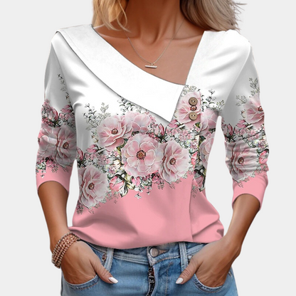 Women's Blouse - Asymmetric Neckline - 3/4 Sleeves - Elegant Floral Design