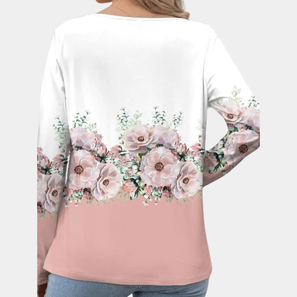 Women's Blouse - Asymmetric Neckline - 3/4 Sleeves - Elegant Floral Design