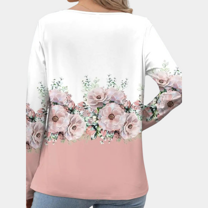 Women's Blouse - Asymmetric Neckline - 3/4 Sleeves - Elegant Floral Design