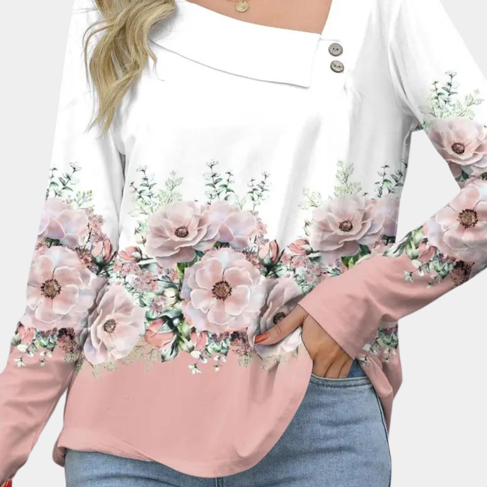 Women's Blouse - Asymmetric Neckline - 3/4 Sleeves - Elegant Floral Design