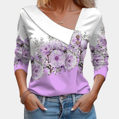 Women's Blouse - Asymmetric Neckline - 3/4 Sleeves - Elegant Floral Design