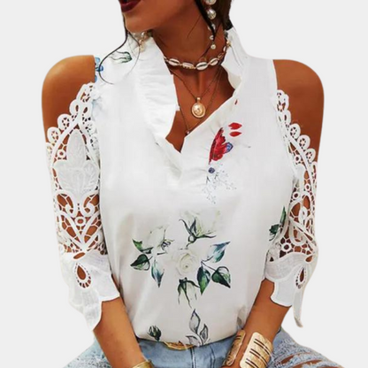 Women's Blouse - Lace Details & Floral Pattern - Cold Shoulder - Ruffled V-neck