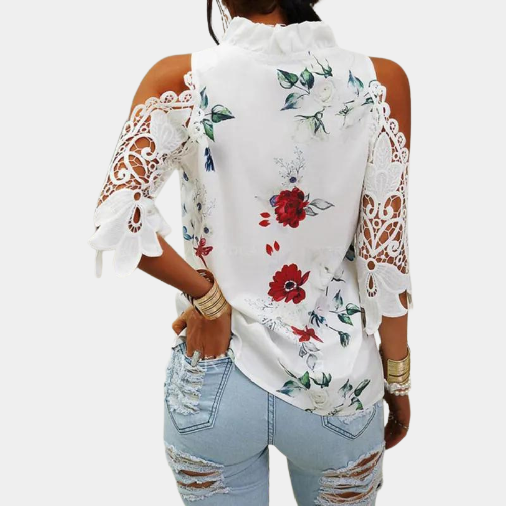 Women's Blouse - Lace Details & Floral Pattern - Cold Shoulder - Ruffled V-neck