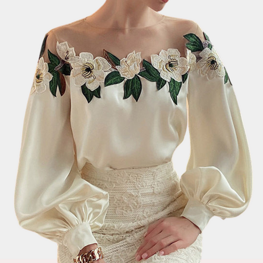 Women's Blouse - Silky Satin - Off-Shoulder - Long Voluminous Sleeves - Embroidered Organza
