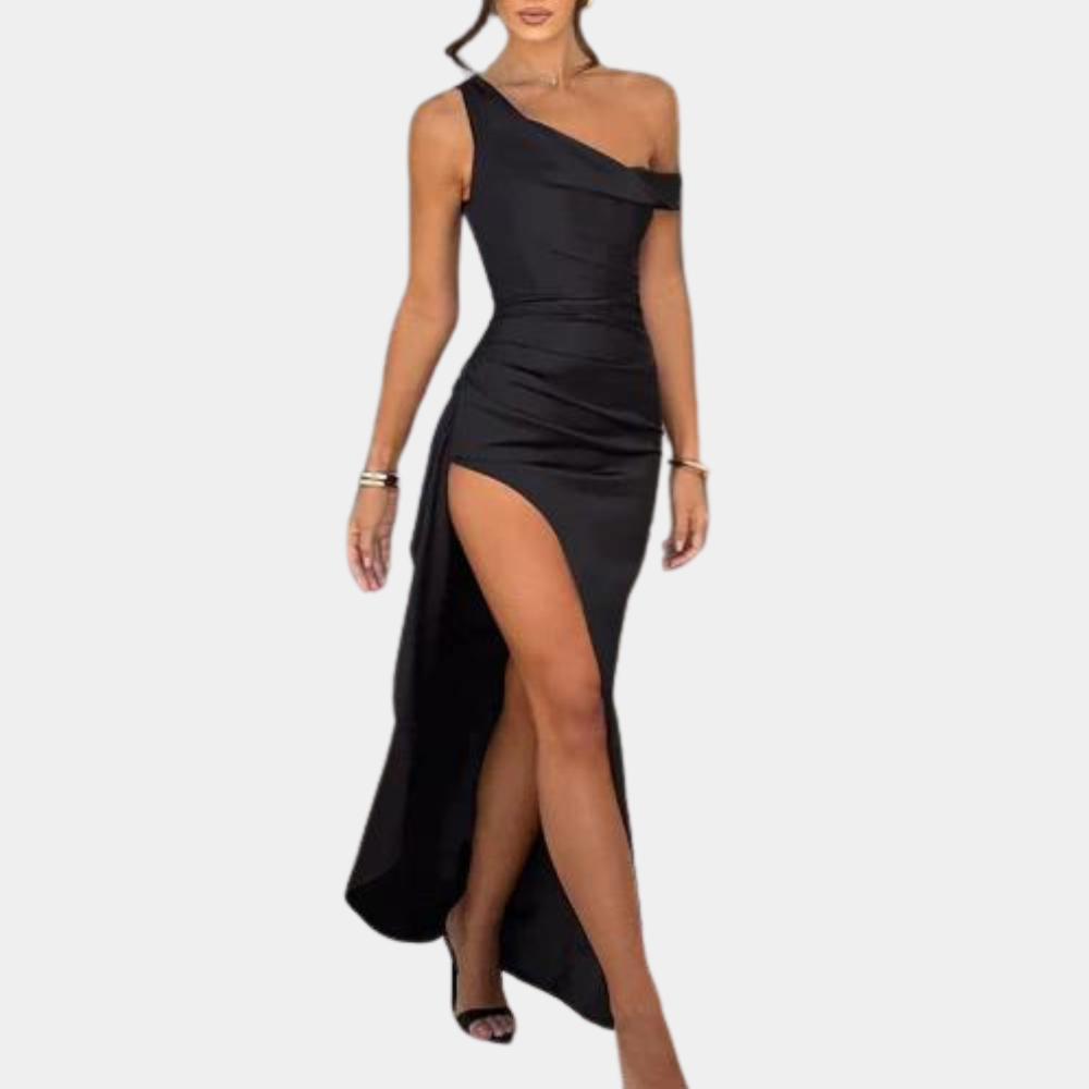 Women's Evening Dress - One-Shoulder - Elegant Fit - High Slit - Satin Finish