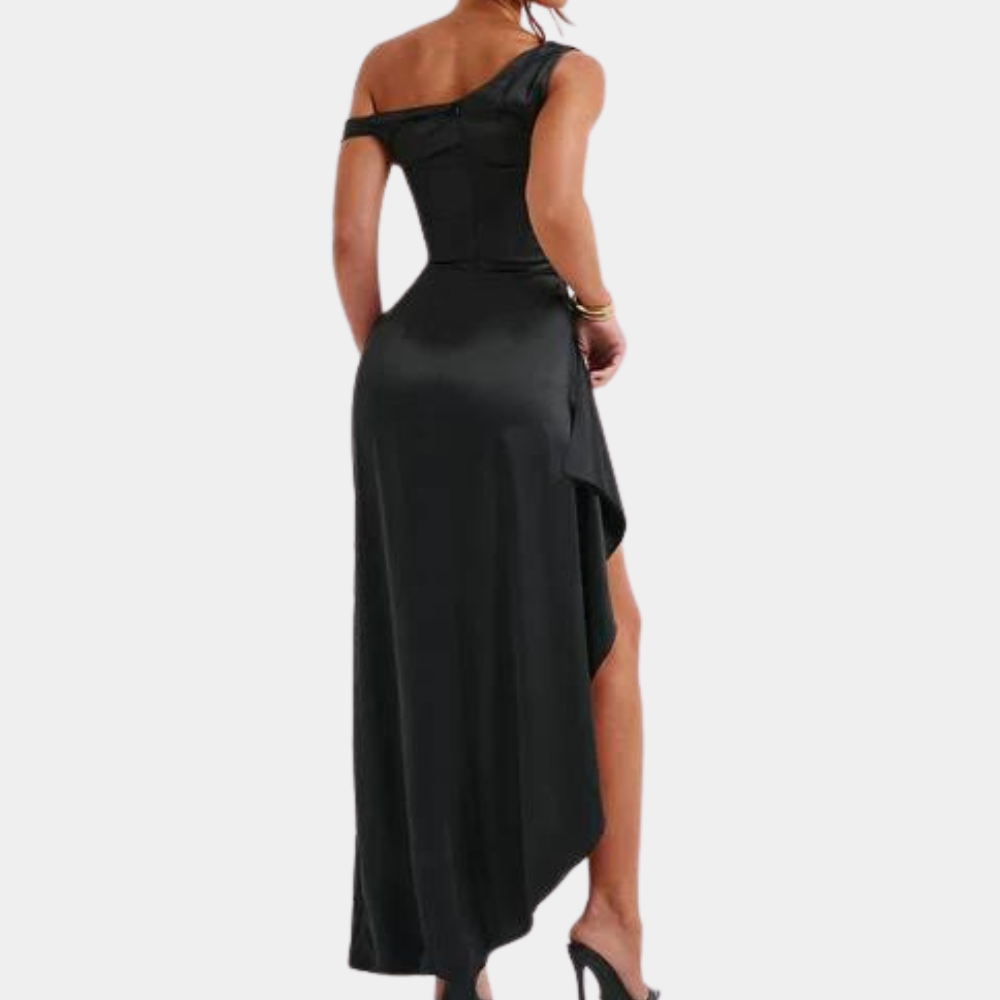 Women's Evening Dress - One-Shoulder - Elegant Fit - High Slit - Satin Finish