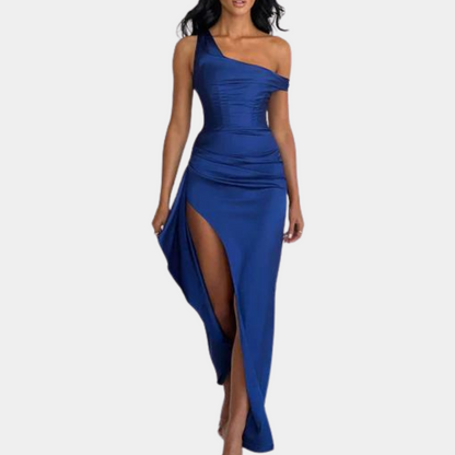 Women's Evening Dress - One-Shoulder - Elegant Fit - High Slit - Satin Finish
