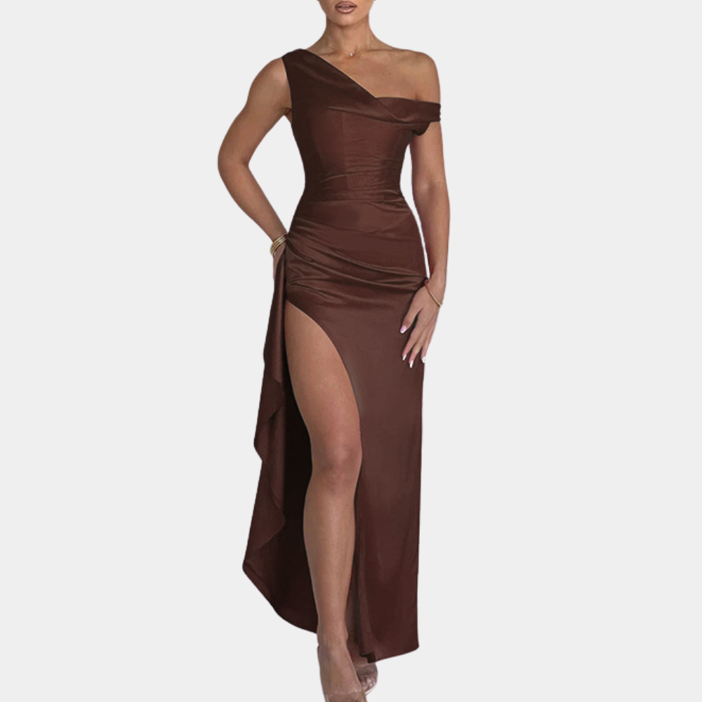 Women's Evening Dress - One-Shoulder - Elegant Fit - High Slit - Satin Finish