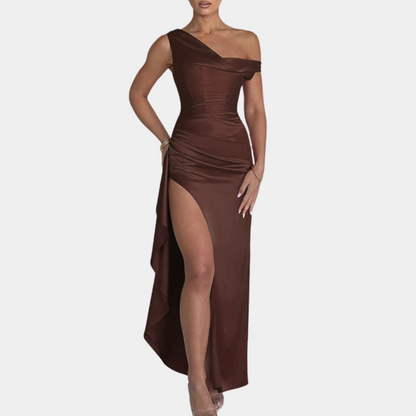 Women's Evening Dress - One-Shoulder - Elegant Fit - High Slit - Satin Finish