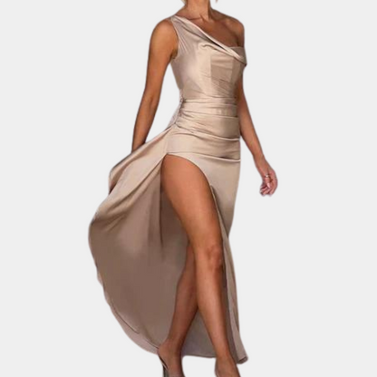 Women's Evening Dress - One-Shoulder - Elegant Fit - High Slit - Satin Finish