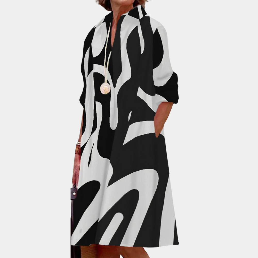 Women's Dress - A-line Fit - V-neck - 3/4 Sleeves - Geometric Pattern - Knee-length